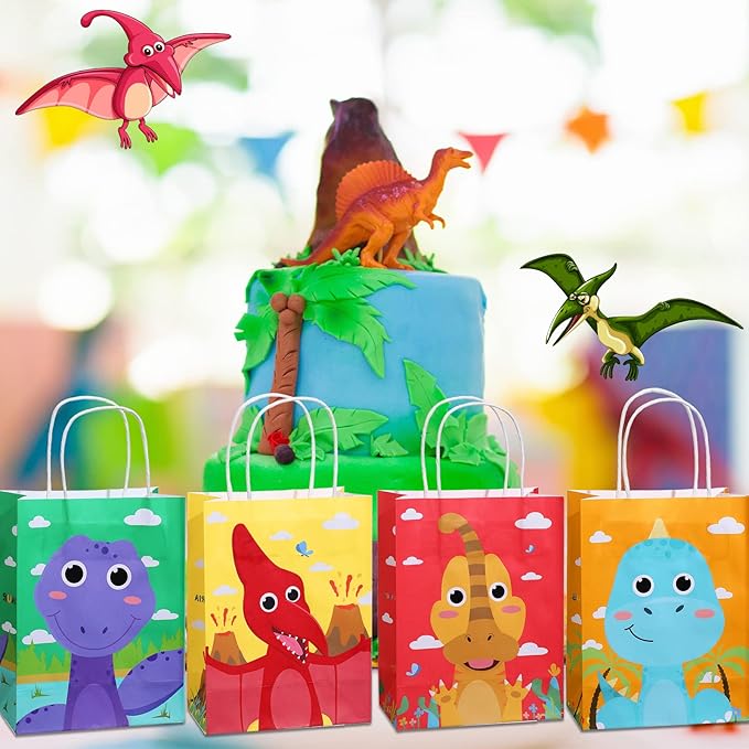 Pajean 24 Pcs Dinosaur Candy Bags with Handle, Dinosaur Party Favor Paper Bags Kids Gifts Goodie Treat Wrapping for Boys Girls Dino Theme Birthday Baby Shower Party Supplies(Cartoon Style)