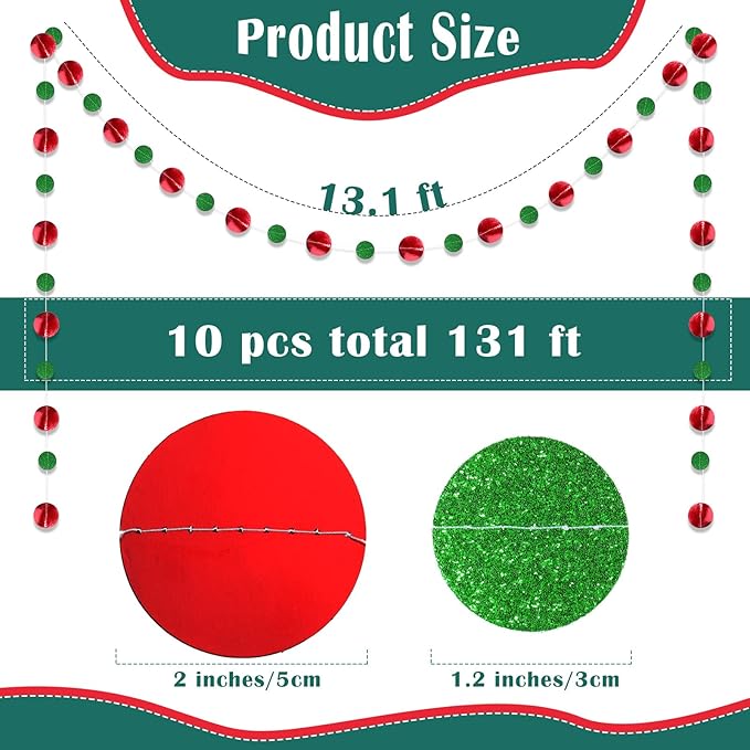 Outus 10 Pieces Red Round Dots Garland Graduation Party Hanging Decor Each Length 13.1ft Glitter Paper Dot Streamers for Birthday Wedding Classroom Supplies (Green)