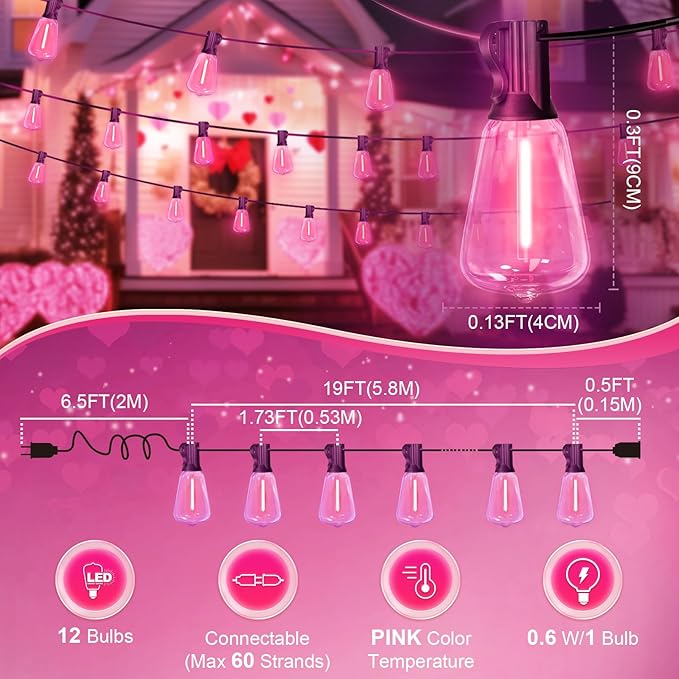 LAMPHOME 4-Pack 26Ft ST38 Outdoor String Lights, Pink LED Shatterproof Patio Lights with 12+1 Edison Bulbs for Valentine's Day, Christmas, Bistro, Wedding & Party Decor