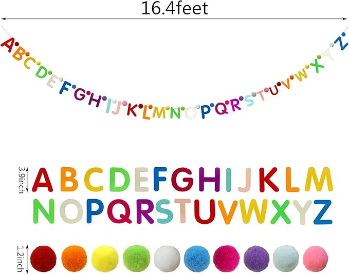 2 Pieces Alphabet Garland Rainbow ABC Wall Decor Colorful Pom Pom Garland 26 Balls Garlands for Classroom Party Home Decoration
