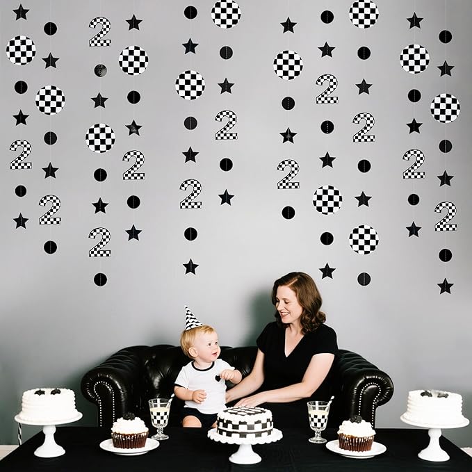 Two Fast Birthday Party Decorations Black & White Checkered 2nd Polka Dot Star Hanging Garland Banner for Checkered 2 Year Old Race Car 2 Fast 2 Curious Dirt Bike Birthday Decorations Supplies