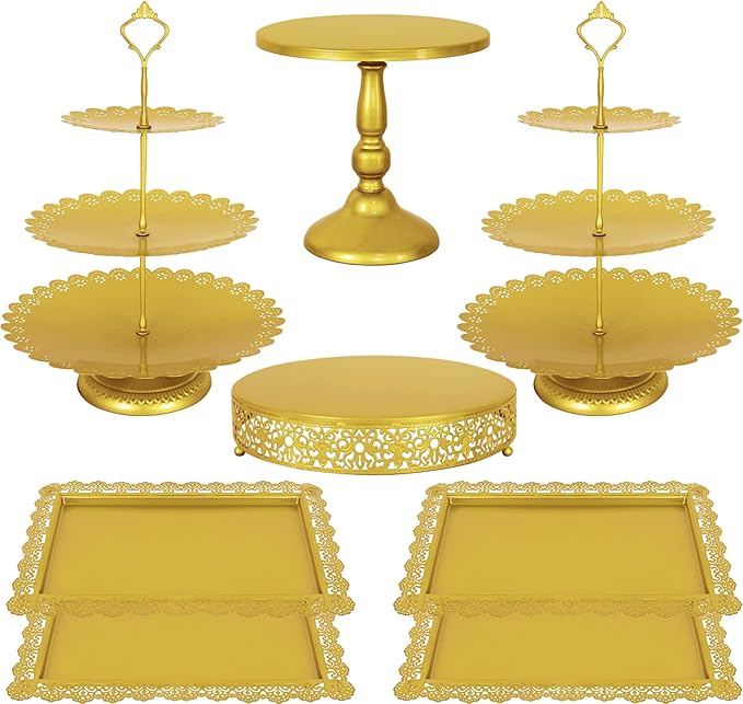 Fivenl 8 Pcs Cake Stand Gold Metal Dessert Table Display Set, 3-Tier Cupcake Stand, Cake Display Tower and Cookie Tray Rack Serving Tray for Birthday Party, Weddings, Baby Shower (Gold)