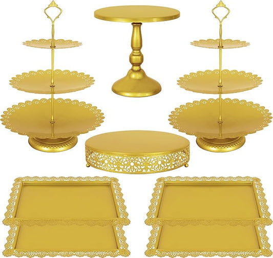 Fivenl 8 Pcs Cake Stand Gold Metal Dessert Table Display Set, 3-Tier Cupcake Stand, Cake Display Tower and Cookie Tray Rack Serving Tray for Birthday Party, Weddings, Baby Shower (Gold)