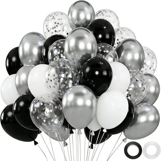 60pcs Black White Silver Balloon Kit - 12" Metallic Silver Black & White Confetti Balloons for New Year Eve, Black Tie Wedding, Disco Birthday Decor