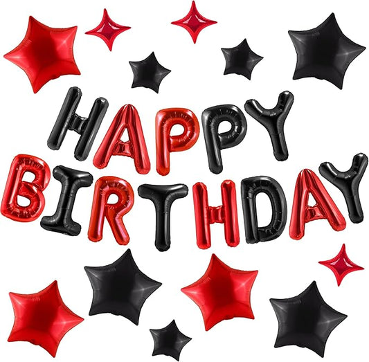 CANREVEL Happy Birthday Banner 13pcs 16 Inch Mylar Foil Letters with 12pcs Star Balloons Birthday Party Decorations for Kids and Adults - 3D Black Red