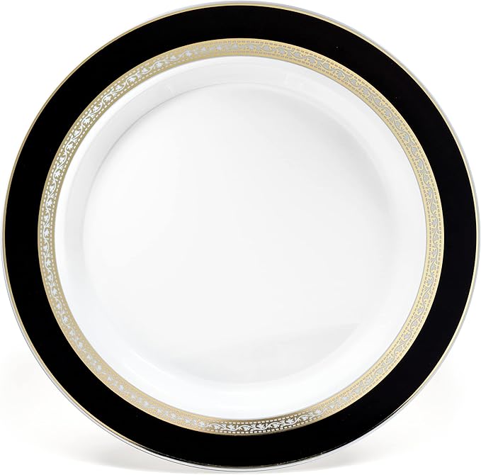 " OCCASIONS " 120 Plates Pack,(60 Guests) Heavyweight Premium Wedding Party Disposable Plastic Plates Set -60 x 10.5'' Dinner + 60 x 7.5'' Salad/Dessert (Ritz Black and Gold)