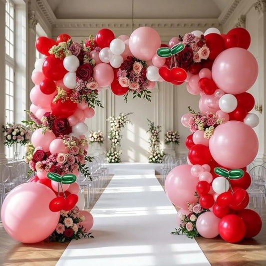 Red Pink Balloon Arch Double Stuffed Latex Pink White Pearl Balloons Red Green Long Balloon Garland for Cheery On Top Baby Shower Birthday Christmas Bridal Shower Garden Berry Party Decoration