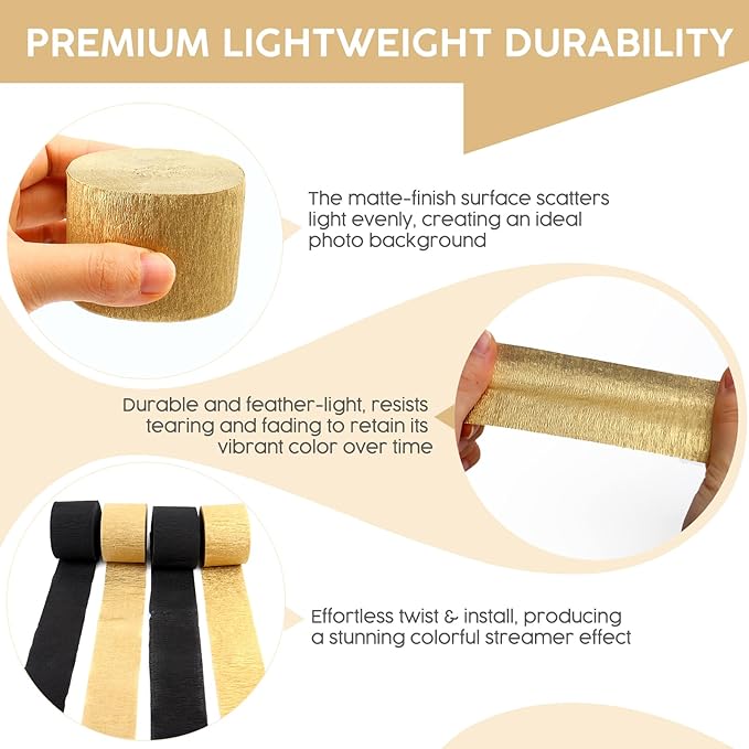 4 Rolls Crepe Paper Balck Gold Streamers – Perfect for Streamers Party Decorations, Wedding, Birthday, Colored Decor, and DIY Craft Supplies(1.8 Inch x 82 Ft/Roll)