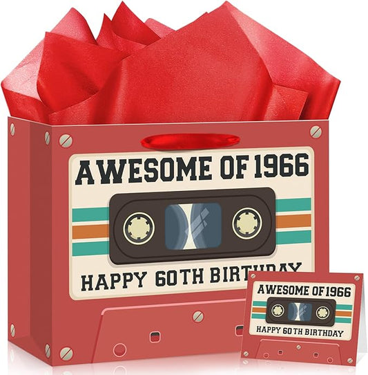 60th Birthday Gift Bag for Men Women Retro Tape 1966 Birthday Party Favor Bags with Tissue Paper and Greeting Card Vintage Cassette 60 Years Old Gift Wrapping Bag Decorations for Mom Dad Friends Gifts