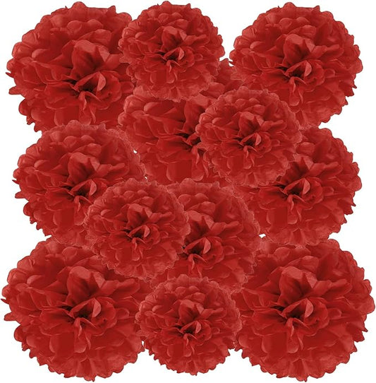 PATIKIL 8" 10" 12" Tissue Paper Pom Poms, 12PCS Pom Poms Paper Flowers Ball Tissue Paper Flowers Assorted Size for Wedding Bridal Shower Birthday Party Backdrop Decoration, Red