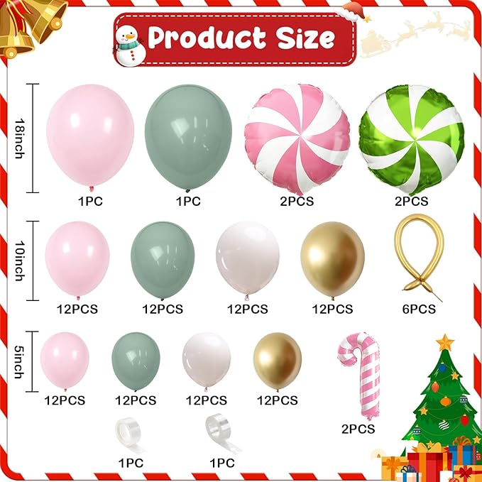 Nutcracker Christmas Balloon Garland Arch Kit, 112Pcs Green Pink and White Gold Latex Balloons with Candy Cane Mylar Foil Christmas Balloon for Girls Xmas Birthday New Year Candyland Party Decorations