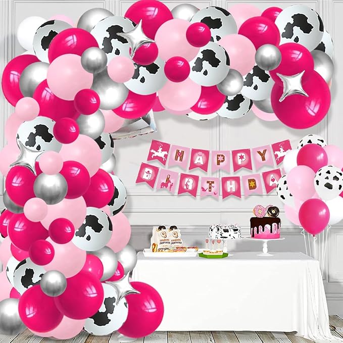 Pink Silver Balloon Garland Arch Kit - Rose Red Hot Pink Silver Balloons Cow Print Balloon for Western Cowgirl Birthday Bridal Shower Wedding Bachelorette Party Decorations