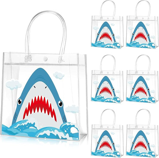 Aliceset 20 Pcs Shark Party Clear Favor Bags with Handles Sea Party Goodie Bags for Shark Themed Baby Shower Birthday Ocean Animals Themed Candy Snack Treat Wrapping Summer Pool Supplies, 8x8x3.15inch