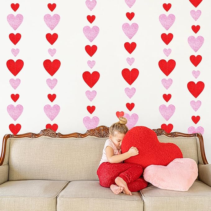 Galentines Valentines Party-Decorations Heart Garland - 6pcs Glitter Pink Red Love Hanging Streamers,Romantic Special Night Baby Shower Wedding Anniversary Ceiling Banner Backdrop Decor Burgleda