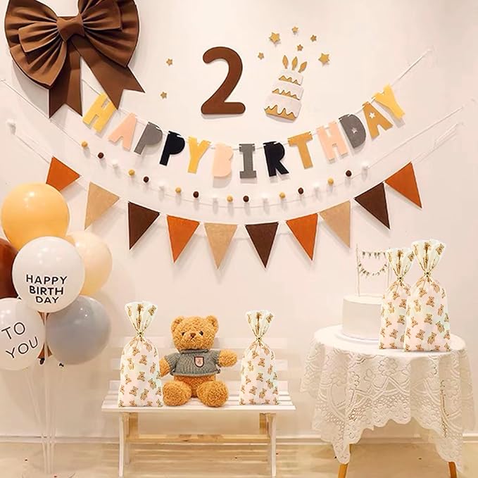 100 Pcs 5x11 Inch Cellophane Bags with 100 Gold Twist Ties, Little Bear Printed Clear Candy Bags, Food-Safe for Valentine's Day, Birthday, Christmas, Ideal for Cookies, Snacks & Party Favors