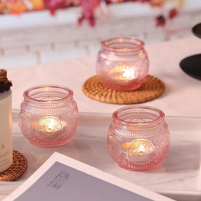 24 Pcs Pink Candle Holder for Bridal Shower, Wedding Table Decorations- Floral Style Pink Votive Candle Holder, Centerpieces for Birthday, Engagement Party Decor
