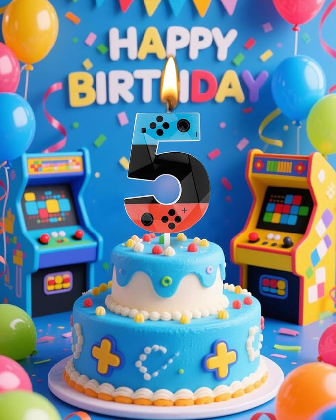 Number 5 Level Birthday Candles, 2.68 inch Gamer Candles, Red Blue Birthday Candles, Game Controller Gamepad Candles,Video Game Controller Themed Kids Boy Girl Party Supplies