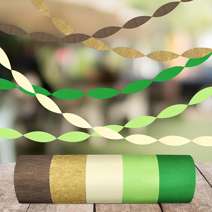 5 Rolls Green & Gold Crepe Paper Streamers, Crepe Paper Craft for Wedding Baby Shower Birthday Bridal Party Engagement Decorations Supplies