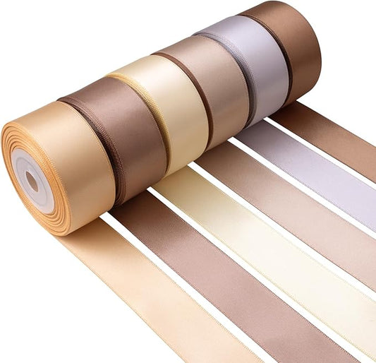 Light Brown Ribbon 1 Inch Wide Neutral Ribbon Tan Champagne Gold Satin Ribbon Assorted Solid Color Double Faced Satin Ribbon for Gift Wrapping Wedding Flower Bouquet Wrapping Hair Bows Crafts