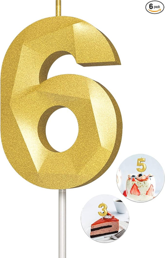 Number Birthday Candles(6 Candle Gold) 3D Diamond Shape Number Happy Birthday Cake Candles for Birthday Party Wedding Decoration Reunions Theme Party
