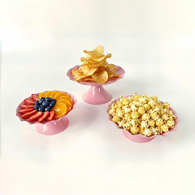 3 Pcs Metal Cake Stand Set, Scalloped Edge Cupcake Tray Dessert Display Platter, Decorative Serving Stand for Wedding, Birthday, Tea Party,Baby Show (Pink)