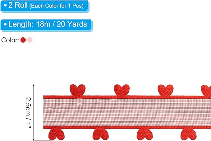 PATIKIL 1 Inch x 20 Yard Organza Chiffon Ribbon Set, Sheer Heart Decorative Ribbon for Valentine's Day Gift Wrapping Wreath Bow Craft DIY Decoration, Red,Pink