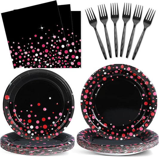 OBUSATT 96PCS Hot Pink and Black Party Supplies Hot Pink Dots on Black Paper Plates Napkins Bachelorette Bridal Shower Party Decorations Girl Birthday Dinnerware Favor Tableware Serves 24