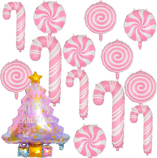 14pcs Christmas Party Balloons Set, Pink Xmas Tree, Candy Cane Foil Balloons For Pink Candy Cane Christmas Decorations, New Year Party Decor