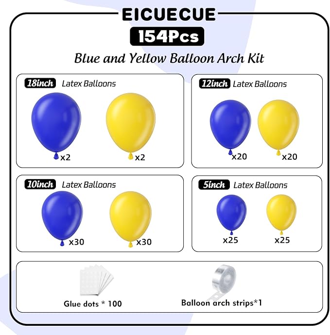Blue and Yellow Balloons Garland Arch Kit 154Pcs - 5 10 12 18 inch Different Size Royal Blue and Yellow Balloons for Anniversary Engagement Graduation Baby Shower Birthday Party Decorations