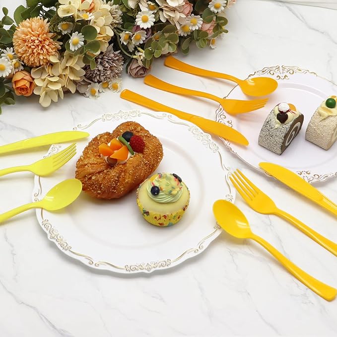 180 PCS Yellow Plastic Silverware Heavy Duty Yellow Plastic Cutlery Set Disposable 60 Forks, 60 Knives, 60 Spoons for Birthday, Party, Picnic