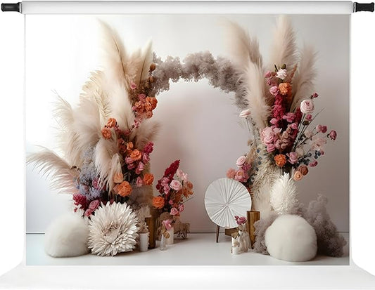 Kate Boho Flowers Photography Backdrop 1St Birthday Arch Floral White Wall Photoshoot Background Photographic Studio Photo Props,7x5ft