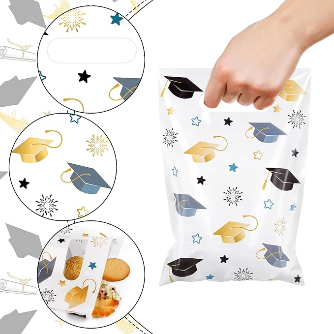 Hxezoc 50 Pieces Graduate Gift Bags with Handle, Plastic Treat Candy Bag Graduation Party Favor Bags for Graduation Season Themed Party Decoration Supplies