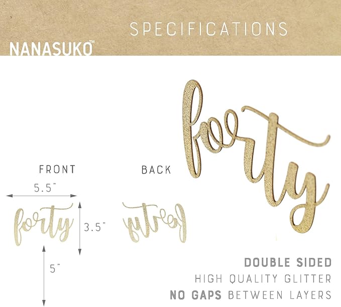 40th Birthday Cake Topper - forty - Double Sided Gold glitter - Premium quality Made in USA