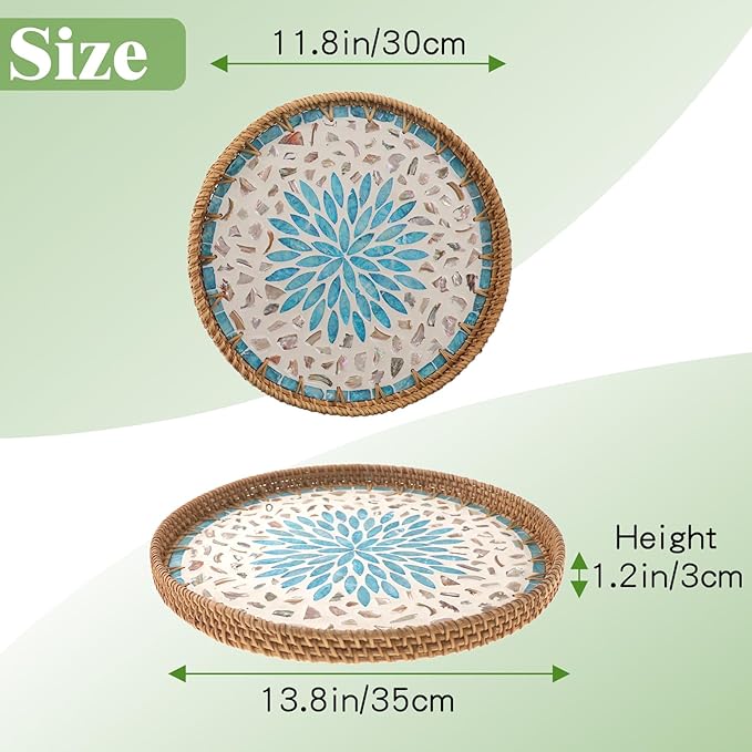 Round Rattan Tray with Mother of Pearl Inlay, Handwoven Wicker Coffee Table Serving Basket Tray for Fruit Snack Party Picnic Cafe Bedroom Kitchen Home Decor Set of 2 (Blue Star)