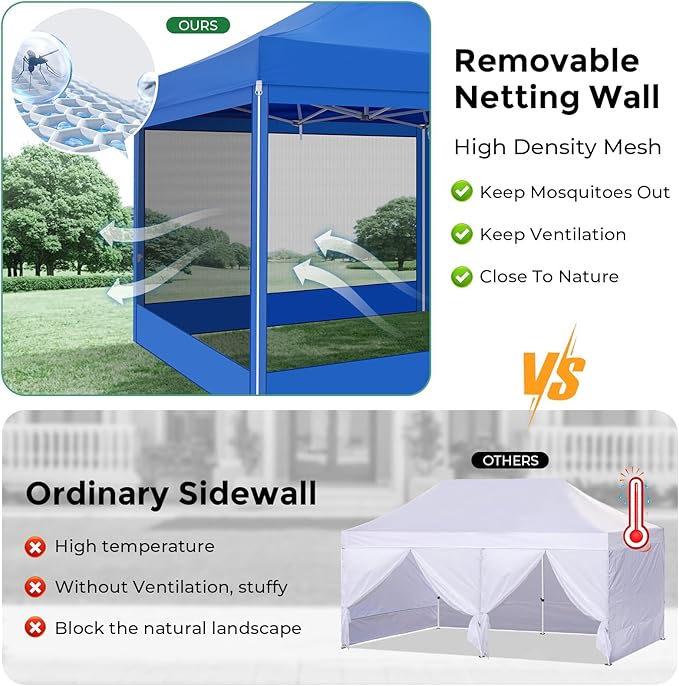 COBIZI 10x30 Heavy Duty Pop Up Canopy with 8 Mosquito Netting Wall, Easy Set Up Commercial Gazebo Party Tent, Outdoor Instant Screen Canopy for Backyard, Patio, Garden, Blue
