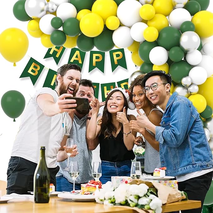 Dark Green Yellow White Silver Balloon Garland Arch Kit - Retro Green and Yellow Balloons Yellow White Balloon for Birthday Wedding Anniversary Graduation Prom Golf Tractor theme Party Decorations