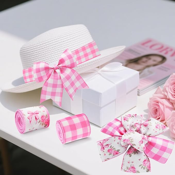 Pink Rose Wired Ribbon Set, 2 Rolls 2.5 Inch x 10 Yards Total, Floral Buffalo Plaid Wired Edge Ribbon for Wreaths, Bows, Gift Wrapping, Wedding Decor, Spring Summer Crafts, Mother's Day Decor