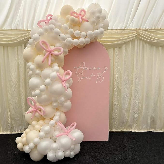 HILAVO Pearl White Balloon Garland Arch Kit 132 Pcs Bow Coquette Sand White Ivory Party Balloons with Pastel Pink Long Latex Balloon for Girls Princess Wedding Baby Shower Bridal Birthday Party Decor