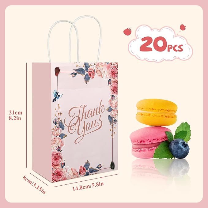 Ethanberg 20Pcs Thank You Gift Bags Floral Design with Handles, 8.2" x 5.8" x 3.15" Thank You Kraft Paper Bags for Business, Boutique, Wedding, Birthday, Party Return Favor