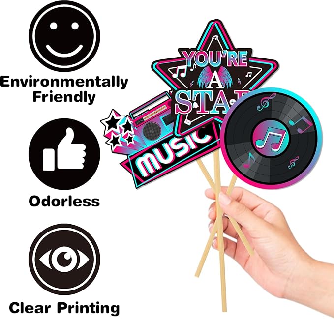 24 Piece Music Photo Booth Props, Disco Musical Theme Short Video Party Supplies,Music in My Era Party with Stick Props Kit Happy Birthday Table Toppers Sign Decorations