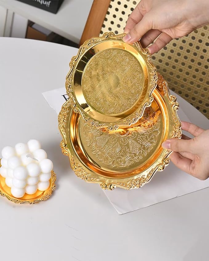 Round Decorative Tray 7.9in Metal Dessert Plates Vintage Coffee Table Tray for Snacks Fruit Gold