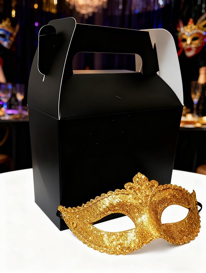 XAGLVV 12-Pack Black Party Favor Treat Boxes (7 x 3.5 x 6.6 Inch) Gable Paper Snack Boxes with Handles& Goodie Gift Bags for Kids Birthday, Wedding, Baby Shower.