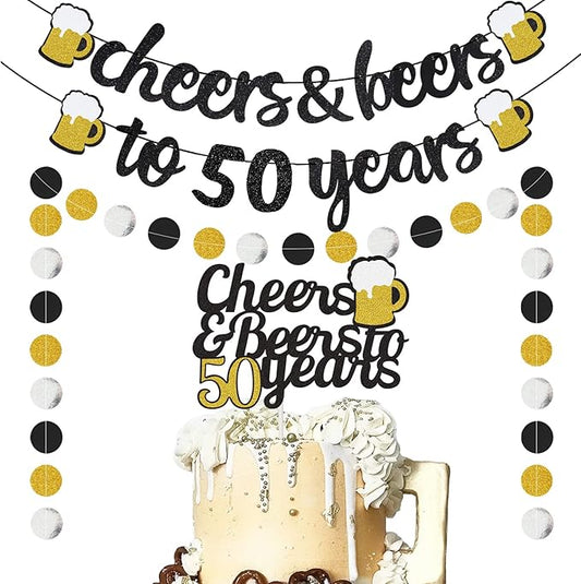 Cheers and Beers to 50 Years Banner Cake Topper, Glittery Circle Dots Garland 50th Birthday Decorations Party Supplies (Black Gold)
