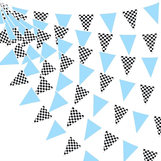 32Ft Racing Party Decorations Blue Black White Checkered Racing Car Fabric Banner Triangle Flag Pennant Garland Streamers for Boys Car Birthday Party Supplies Baby Shower NASCAR Picnic Outdoor Decor