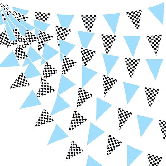 32Ft Racing Party Decorations Blue Black White Checkered Racing Car Fabric Banner Triangle Flag Pennant Garland Streamers for Boys Car Birthday Party Supplies Baby Shower NASCAR Picnic Outdoor Decor