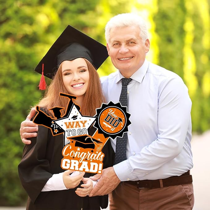 24Pcs Graduation Party Decorations Class of 2026, Graduation Centerpieces for Tables, 2026 Congrats Grad Party Centerpiece Stick Table Toppers for Graduation Party Supplies (Orange,Black)