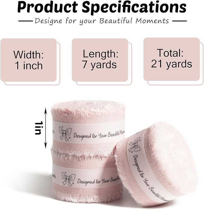 Pink Cotton Ribbon 1 Inch Pink 3 Rolls 21 Yards Frayed Edge Fabric Set for Bridal Shower, Baby Shower, Wedding Invitations, Birthday Party & Gift Wrapping