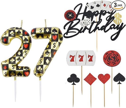 Casino Birthday Number Candles for Cake, Poker Birthday Candles for Casino Themed Birthday Party Decoration, Glitter Casino Birthday Cake Topper for Casino Night Theme Birthday Cake(Number 27 & 72)