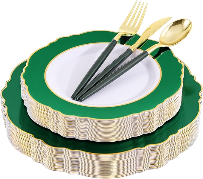 WDF 30Guest Green Plates Disposable - Gold Plastic Silverware With Green Handle - Baroque Green &Gold Plastic Dinnerware for Wedding/Birthday/Party