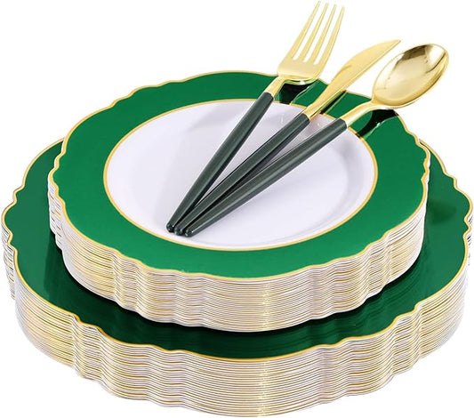 WDF 30Guest Green Plates Disposable - Gold Plastic Silverware With Green Handle - Baroque Green &Gold Plastic Dinnerware for Wedding/Birthday/Party